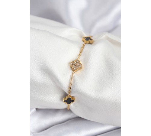 316L Çelik Gold Renk Siyah ve Zirkon Taşlı Baby Boy Yonca Kadın Bileklik - TJ-BB7953