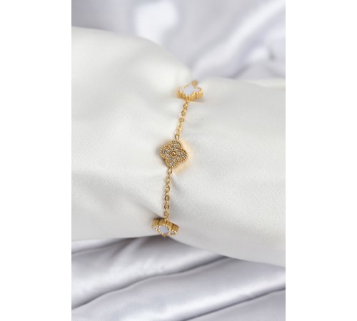 316L Çelik Gold Renk Beyaz ve Zirkon Taşlı Baby Boy Yonca Kadın Bileklik - TJ-BB7955