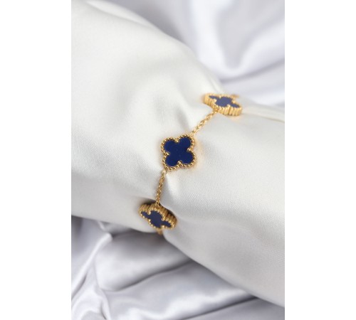 316L Çelik Zincir Gold Renk Lacivert Yonca Kadın Bileklik - TJ-BB7957