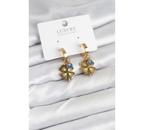 316L Çelik Nazarlı Yonca Model Kadın Küpe - TJ-BKP11230