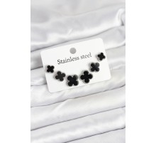 316L Çelik Gümüş Siyah Renk 3 Boy Yonca Küpe Seti - TJ-BKP11234