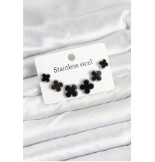 316L Çelik Gümüş Siyah Renk 3 Boy Yonca Küpe Seti - TJ-BKP11234