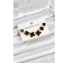 316L Çelik Gold Siyah Renk 3 Boy Yonca Küpe Seti - TJ-BKP11235