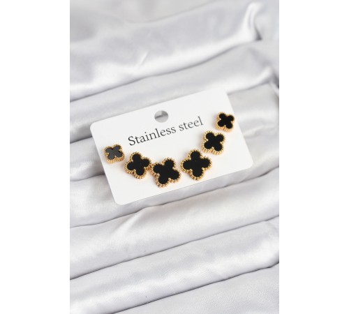 316L Çelik Gold Siyah Renk 3 Boy Yonca Küpe Seti - TJ-BKP11235