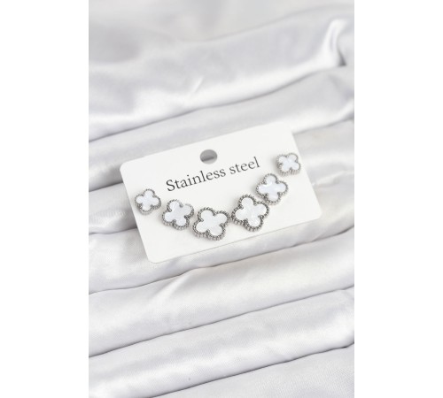 316L Çelik Gümüş Beyaz Renk 3 Boy Yonca Küpe Seti - TJ-BKP11236