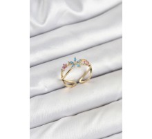 Pirinç Gold Renk Zirkon Taşlı Mavi Çiçekli Kadın Yüzük - TJ-BYK3834