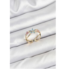 Pirinç Gold Renk Zirkon Taşlı Mavi Çiçekli Kadın Yüzük - TJ-BYK3834