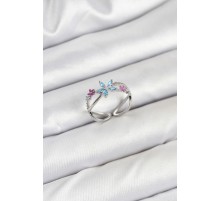 Pirinç Gümüş Renk Zirkon Taşlı Mavi Çiçekli Kadın Yüzük - TJ-BYK3835