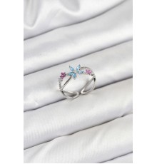 Pirinç Gümüş Renk Zirkon Taşlı Mavi Çiçekli Kadın Yüzük - TJ-BYK3835