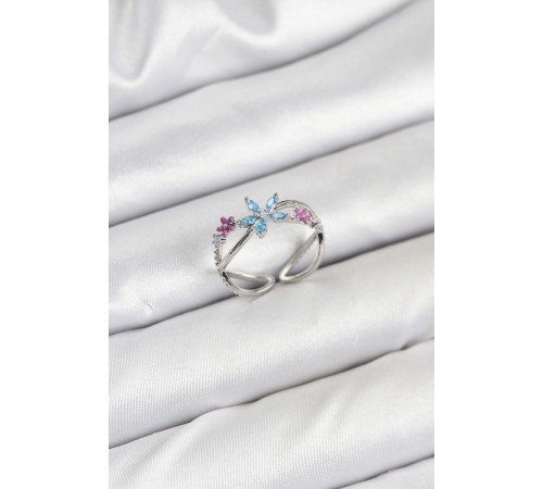 Pirinç Gümüş Renk Zirkon Taşlı Mavi Çiçekli Kadın Yüzük - TJ-BYK3835