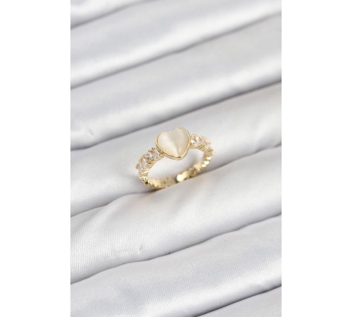 Pirinç Gold Renk Zirkon Taşlı Kalpli Kadın Yüzük - TJ-BYK3856
