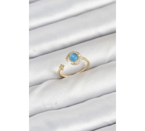 Pirinç Gold Renk Zirkon Taşlı Ay Yıldız Kadın Yüzük - TJ-BYK3860