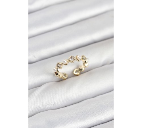 Pirinç Gold Renk Zirkon Taşlı İncili Kadın Yüzük - TJ-BYK3876