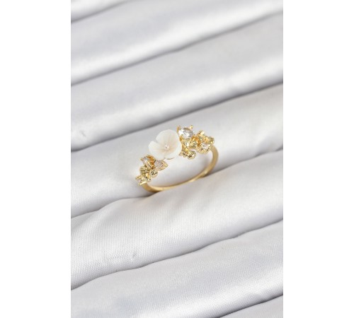 Pirinç Gold Renk Çiçek Model Zirkon Taşlı Kadın Yüzük - TJ-BYK3878