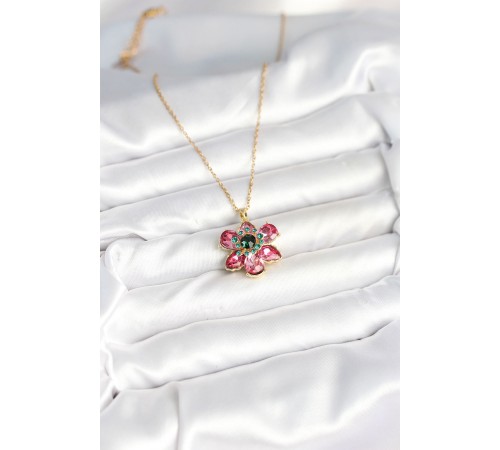 316L Çelik Zincirli Pembe Çiçek Model Kadın Kolye - TJ-BKO10597