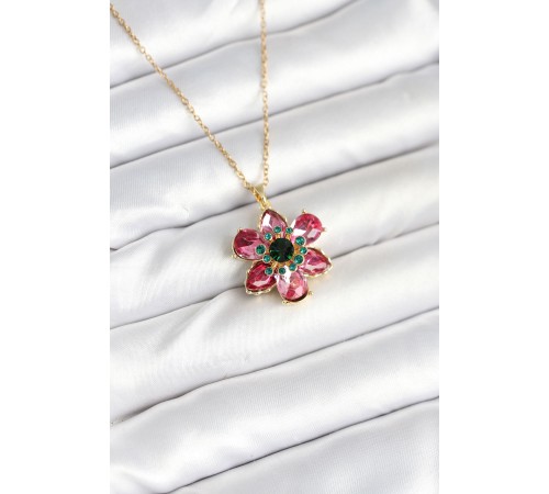 316L Çelik Zincirli Pembe Çiçek Model Kadın Kolye - TJ-BKO10597