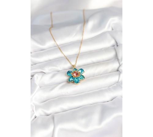 316L Çelik Zincirli Mavi Çiçek Model Kadın Kolye - TJ-BKO10598