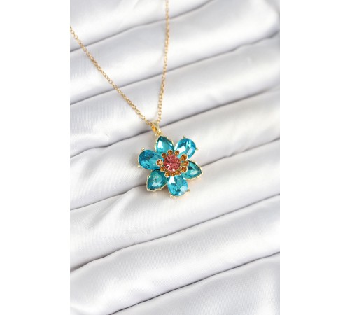 316L Çelik Zincirli Mavi Çiçek Model Kadın Kolye - TJ-BKO10598