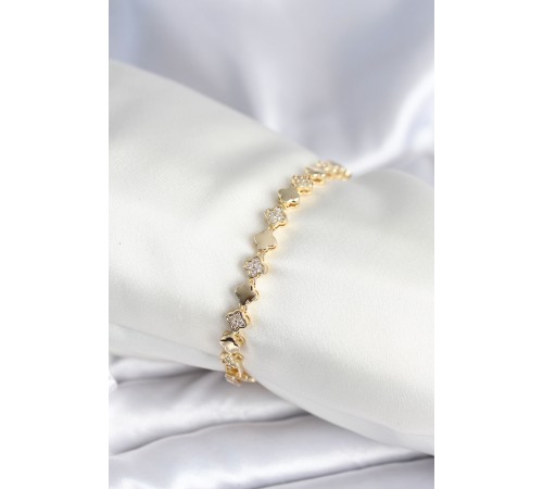 Pirinç Gold Renk Zirkon Taşlı Yonca Model Kadın Bileklik - TJ-BB7969