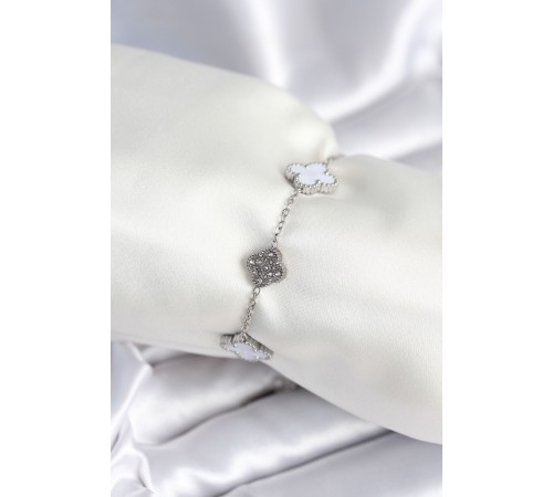 316L Çelik Zincir Gümüş Renk Zirkon Taşlı Yonca Beyaz Kadın Bileklik - TJ-BB7978