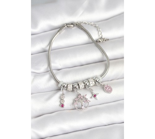 Pirinç Gümüş Renk Yaşam Ağacı Charmlı Kadın Bileklik - TJ-BB7990