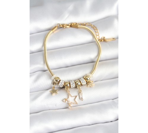 Pirinç Gold Renk Yıldız Charmlı Kadın Bileklik - TJ-BB7993