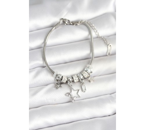 Pirinç Gümüş Renk Yıldız Charmlı Kadın Bileklik - TJ-BB7994
