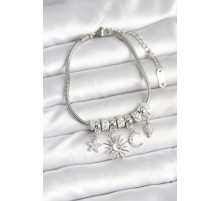 Pirinç Gümüş Renk Ay ve Güneş Charmlı Kadın Bileklik - TJ-BB7998