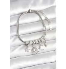 Pirinç Gümüş Renk Ay ve Güneş Charmlı Kadın Bileklik - TJ-BB7998