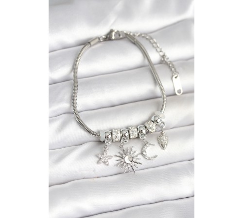 Pirinç Gümüş Renk Ay ve Güneş Charmlı Kadın Bileklik - TJ-BB7998