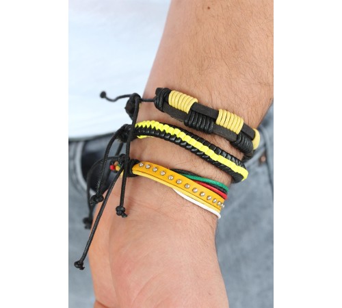 Sarı Renk Zımbalı Deri Erkek Bileklik Kombini - TJ-EB1342