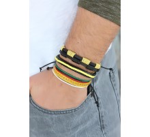 Sarı Renk Zımbalı Deri Erkek Bileklik Kombini - TJ-EB1342