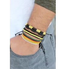Sarı Renk Zımbalı Deri Erkek Bileklik Kombini - TJ-EB1342