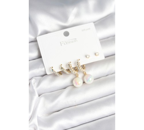 Pirinç Gold Renk İncili 925 Ayar Gümüş Çivi Kadın Küpe Seti - TJ-BKP11250