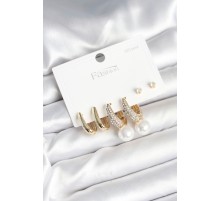 Pirinç Gold Renk Zirkon Taşlı İnci Detaylı 925 Ayar Gümüş Çivili Kadın Küpe Seti - TJ-BKP11252