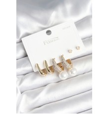 Pirinç Gold Renk Zirkon Taşlı İnci Detaylı 925 Ayar Gümüş Çivili Kadın Küpe Seti - TJ-BKP11252