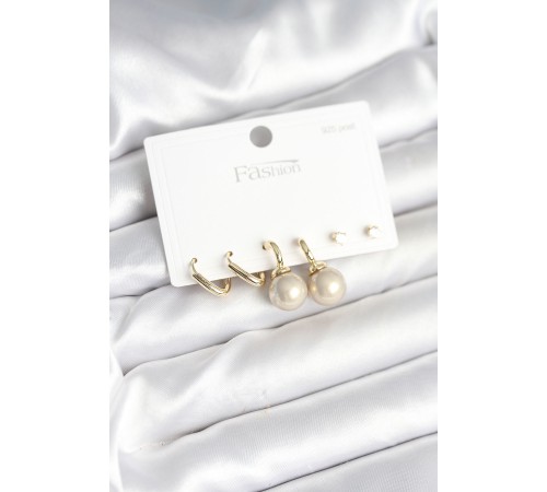 Pirinç Gold Renk İnci Detaylı 925 Gümüş Çivili Kadın Küpe Seti - TJ-BKP11253