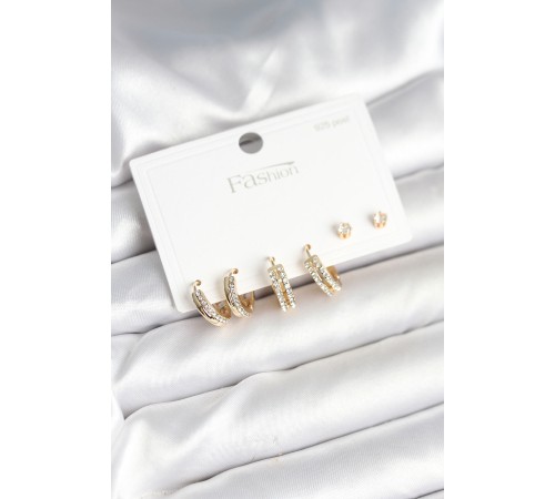 Pirinç Gold Renk Zirkon Taşlı 925 Gümüş Çivili Kadın Küpe Seti - TJ-BKP11257