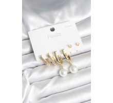 Pirinç Gold Renk İnci Detaylı 925 Ayar Gümüş Çivili Kadın Küpe Seti - TJ-BKP11259