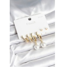 Pirinç Gold Renk İnci Detaylı 925 Ayar Gümüş Çivili Kadın Küpe Seti - TJ-BKP11259