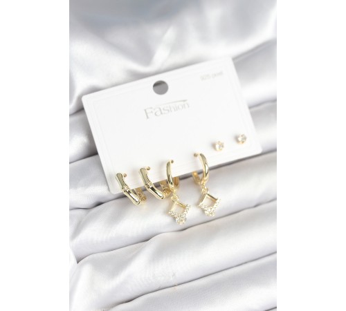 Pirinç Gold Renk 925 Ayar Gümüş Çivili Kadın Küpe Seti - TJ-BKP11260