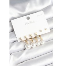 Gold Renk Zirkon Taşlı Pirinç İncili 925 Ayar Gümüş Çivili Küpe Seti - TJ-BKP11267