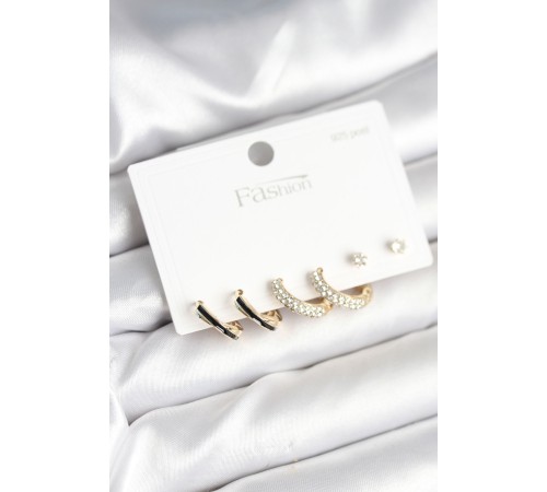 Gold Renk Pirinç Zirkon Taşlı 925 Ayar Gümüş Çivili Kadın Küpe Seti - TJ-BKP11270