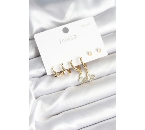 Gold Renk Pirinç Kelebek Model 925 Ayar Gümüş Çivili Kadın Küpe Seti - TJ-BKP11273