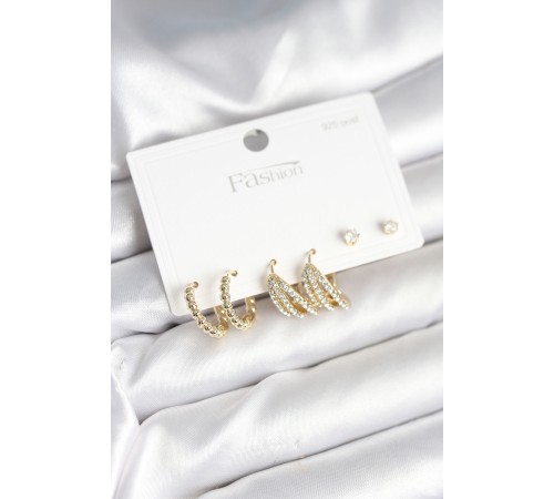 Gold Renk Pirinç 925 Ayar Gümüş Çivili Kadın Küpe Seti - TJ-BKP11276