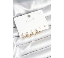 Pirinç Gold Renk Zirkon Taşlı ve İncili Model 925 Ayar Gümüş Çivi Kadın Küpe Seti - TJ-BKP11277