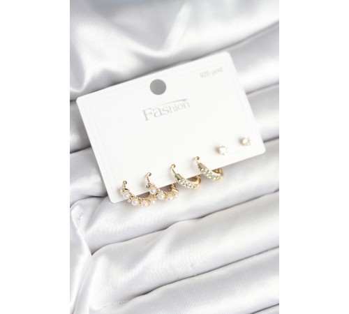 Pirinç Gold Renk Zirkon Taşlı ve İncili Model 925 Ayar Gümüş Çivi Kadın Küpe Seti - TJ-BKP11277