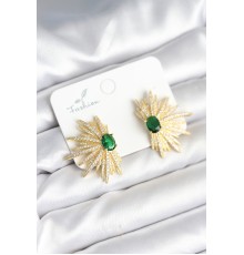 Yeşil Taş Detaylı Zirkon Taşlı Gold Renk Pirinç Kadın Küpe - TJ-BKP11286