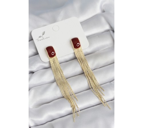 Sallantılı Bordo Mineli Gold Renk Kadın Küpe - TJ-BKP11306