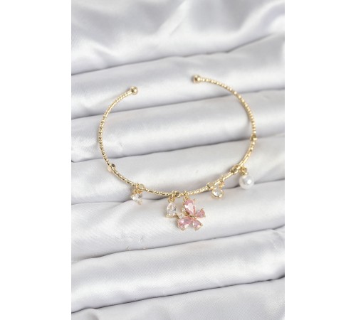 Pembe Kelebek Charmlı Gold Renk Kadın Bileklik - TJ-BB8031